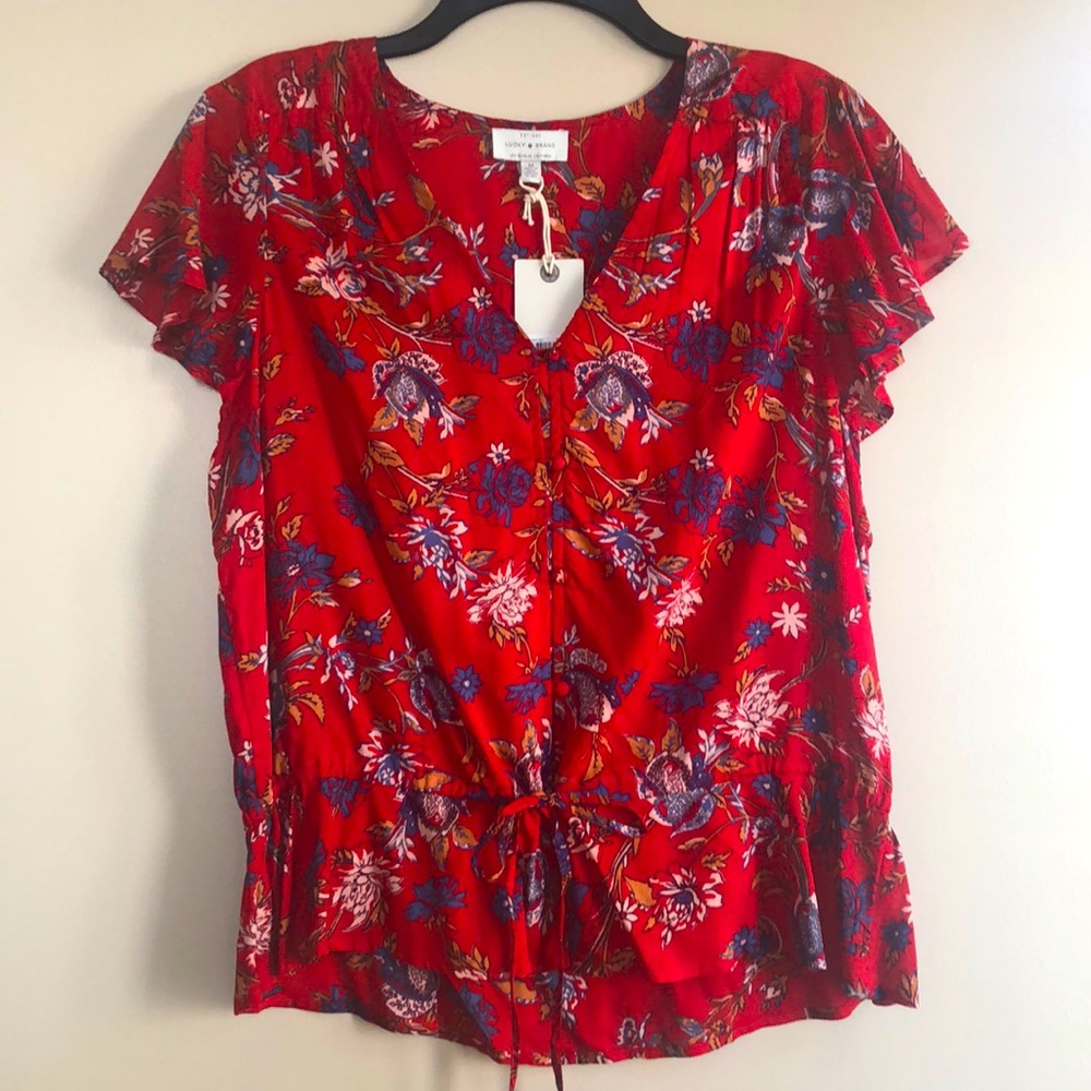 Lucky Brand red floral short sleeve blouse NWT